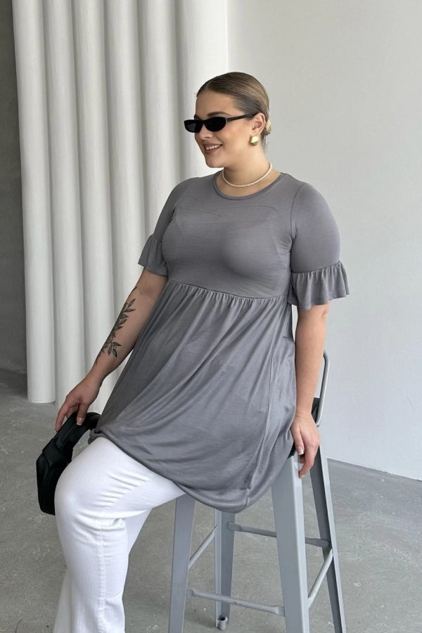 Büyük Beden Kol Detaylı Beli Lastikli Pileli Tunik T-shirt T43 Vervegrand