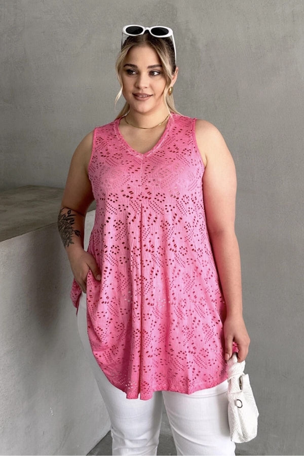 Büyük Beden V Yaka Sıfır Kol Dantel Detaylı Astarsız Bluz 302967 Vervegrand