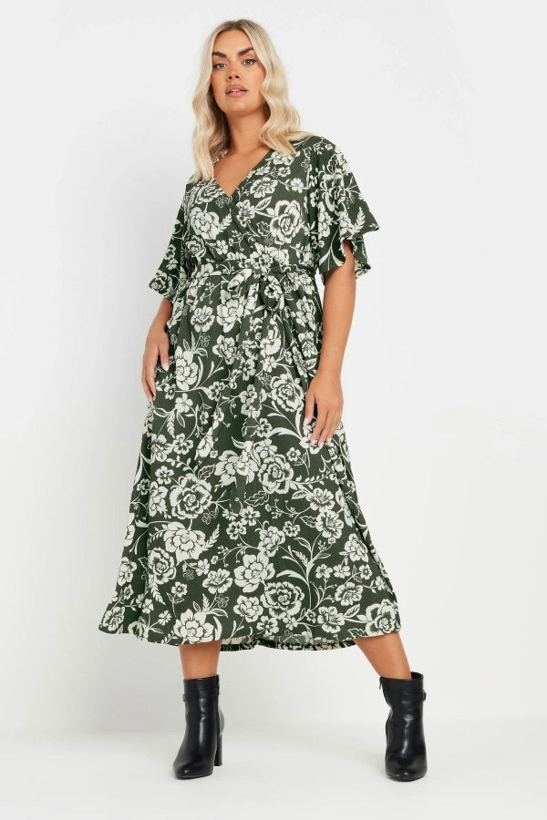 Büyük Beden Kısa Kollu V Yaka Kuşaklı Anvelop Elbise 137988 Vervegrand