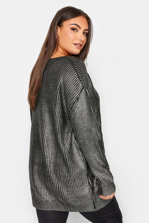 Büyük Beden V Yaka Folyo Baskılı Uzun Kollu Kazak 302321 Vervegrand