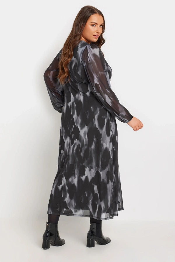 Büyük Beden V Yaka Uzun Tül Kollu Uzun Kesim Elbise 270031 Vervegrand