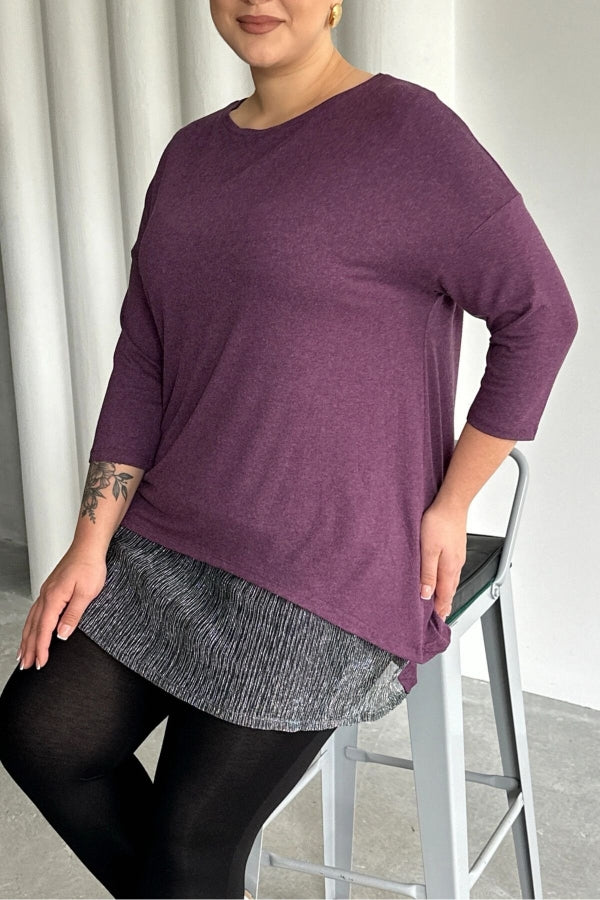 Büyük Beden Eteği Tül Detaylı Uzun Kollu İnce Bluz 84-106 Vervegrand