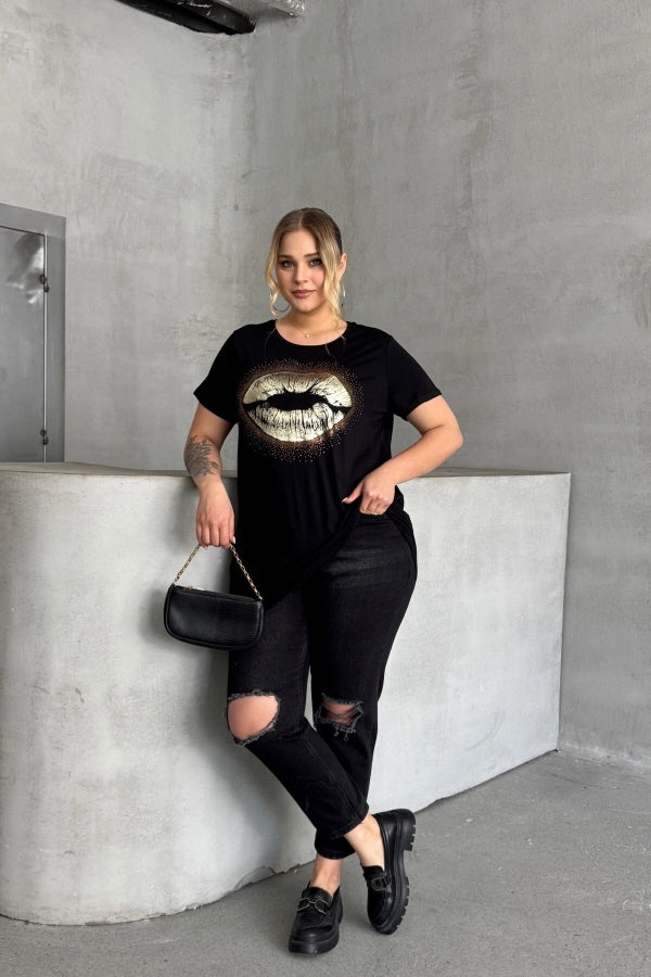 Büyük Beden Kısa Kollu Bisiklet Yaka Taş İşlemeli T-shirt 302264 Vervegrand