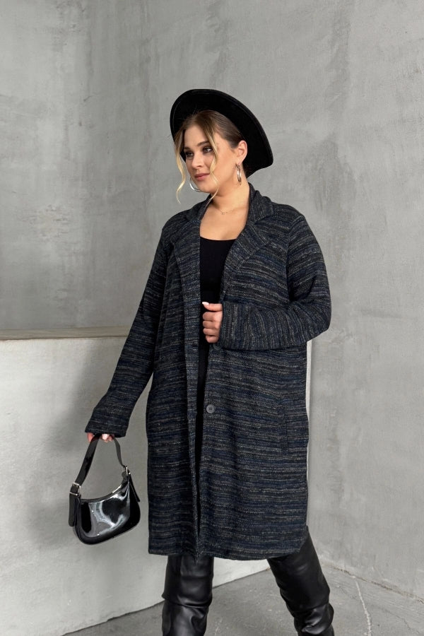 Büyük Beden Uzun Kollu Önü Düğmeli Cepli Uzun İnce Ceket 301800 Vervegrand