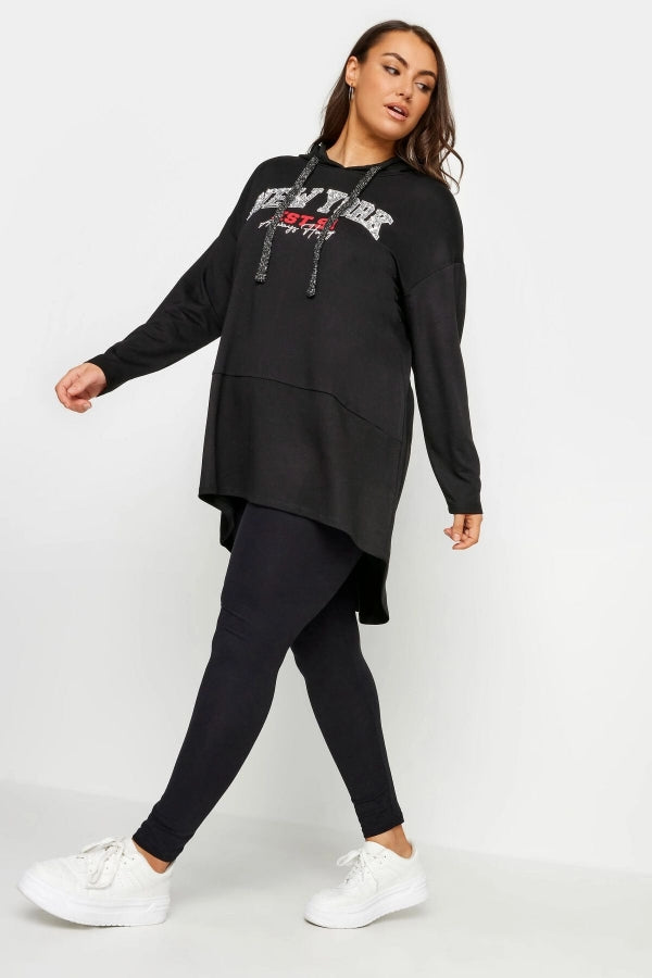 Vervegrand büyük beden siyah New York baskılı kapüşonlu sweatshirt önden görünüm