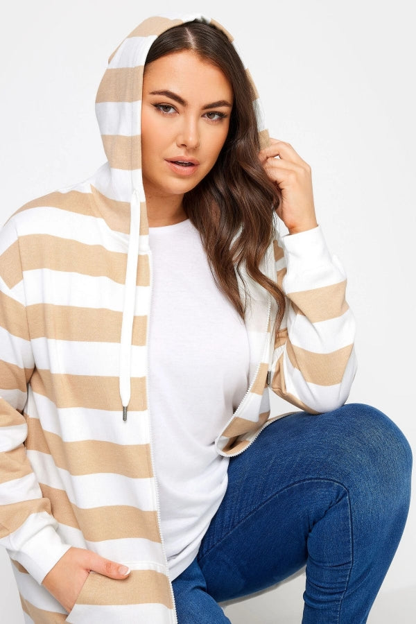 Büyük Beden Kapüşonlu Fermuarlı Çizgili Uzun Kollu Sweatshirt 302937 Vervegrand