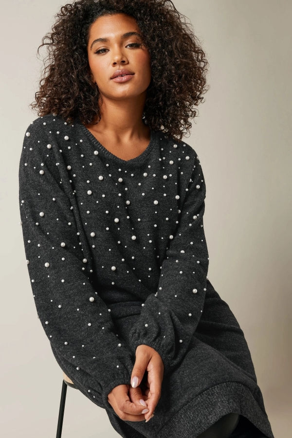 Büyük Beden Bisiklet Yaka Balon Kol Boncuk İşlemeli Triko Elbise 615670 Vervegrand