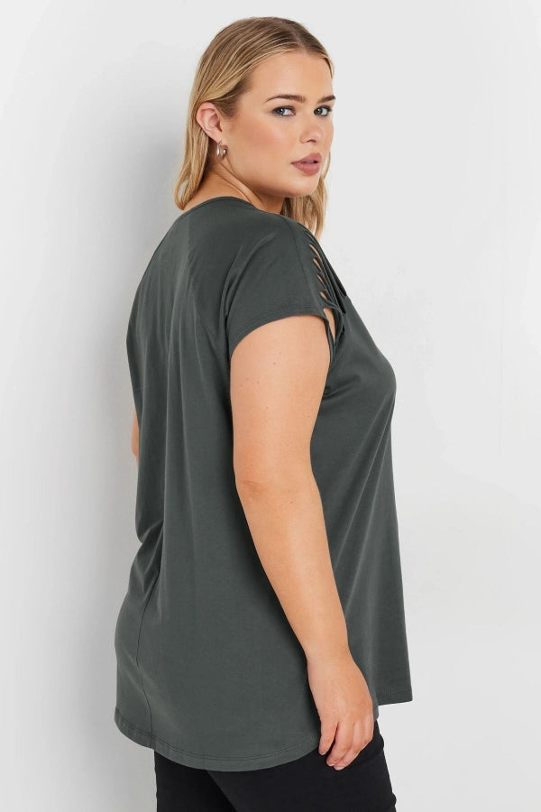 Büyük Beden Bisiklet Yaka Kesik Omuz Detaylı Taş Baskılı T-shirt 322123 Vervegrand