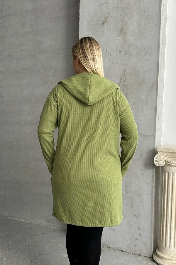 Büyük Beden Uzun Kollu Kapüşonlu Önü Kapamasız Fitilli Hırka 74-136 Vervegrand