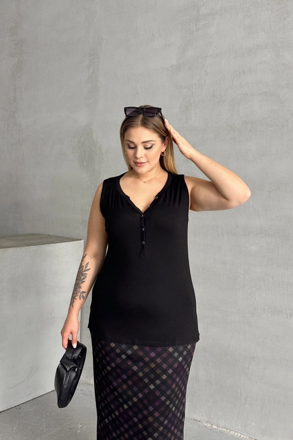 Sıfır Kol Desenli V Yaka Önü Düğmeli Uzun Kesim Bluz 30060 Vervegrand