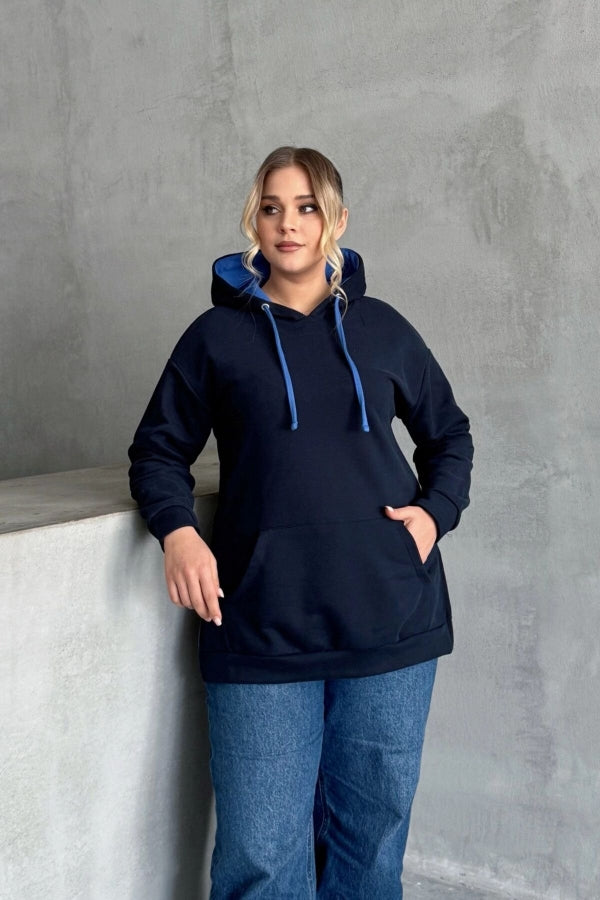 Büyük Beden Uzun Kollu Kapüşonlu Kanguru Cepli Yanları Yırtmaçlı Sweatshirt 303850 Vervegrand