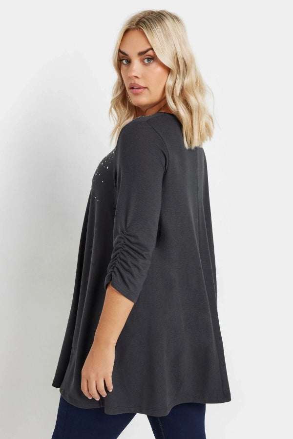 Büyük Beden V Yakası Taş İşlemeli Kolları Büzgülü Bluz 322226 Vervegrand