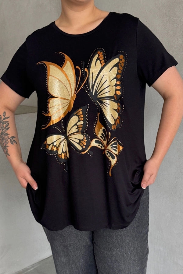 Büyük Beden Kelebek Baskılı Parlak Simli T-shirt 302275 Vervegrand