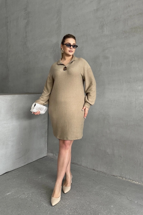 Büyük Beden Uzun Kollu Yumuşak Dokulu Yakası Fermuarlı Triko Elbise 106-37 Vervegrand