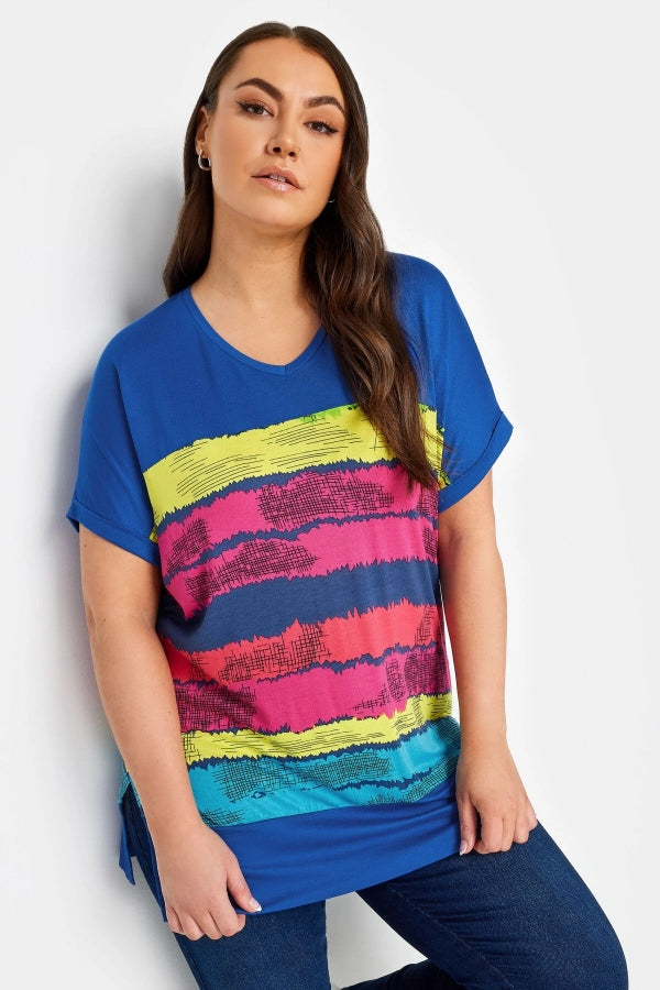 Büyük Beden V Yaka Kısa Kollu Çizgili T-shirt 302951 Vervegrand