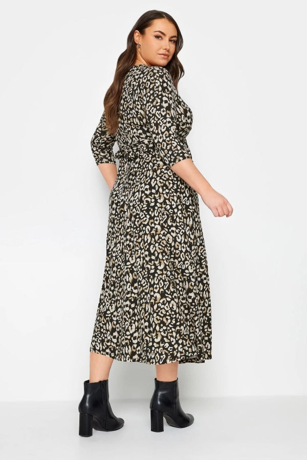 Büyük Beden Leopar Desenli Beli Kuşaklı Kruvaze Yaka Uzun Elbise 302693 Vervegrand