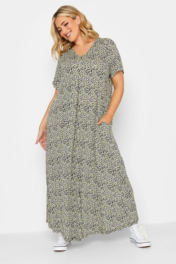 Büyük Beden V Yaka Kısa Kollu Cepli Uzun Elbise 302053 Vervegrand