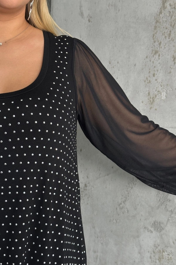 Büyük Beden Uzun Tül Kol Önü Taş İşlemeli Bisiklet Yaka Bluz 321831-U Vervegrand