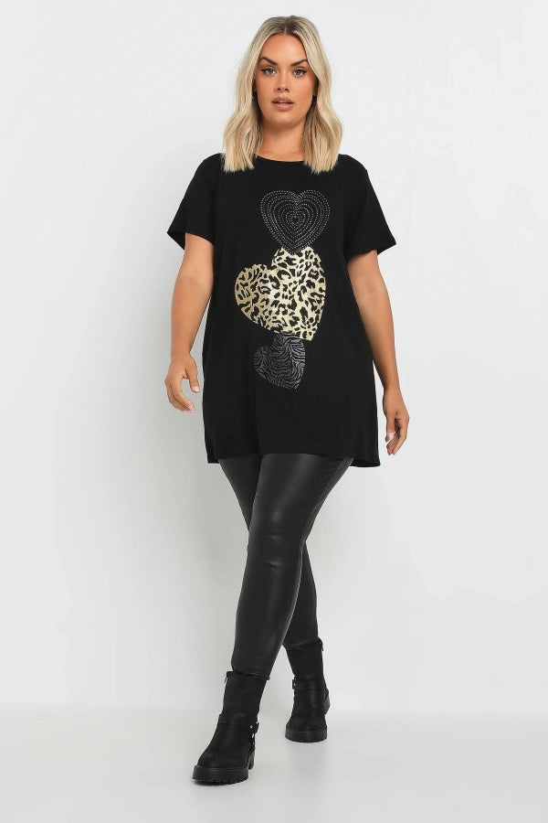 Büyük Beden Desen ve Taş Kalp İşlemeli Kısa Kollu T-Shirt 322118 Vervegrand