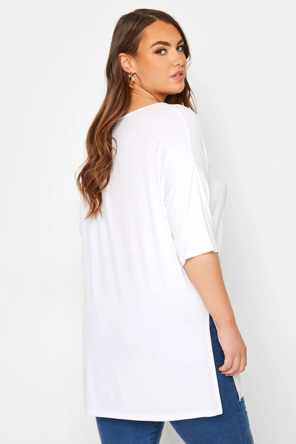 Büyük Beden Bisiklet Yaka Yarım Kollu Yırtmaç Detaylı Uzun Kesim T-shirt 191929 Vervegrand
