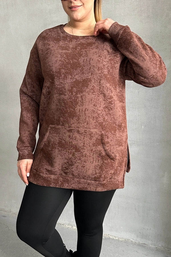 Büyük Beden Uzun Kollu Bisiklet Yaka Önü Cepli Desenli Sweatshirt 106-79 Vervegrand