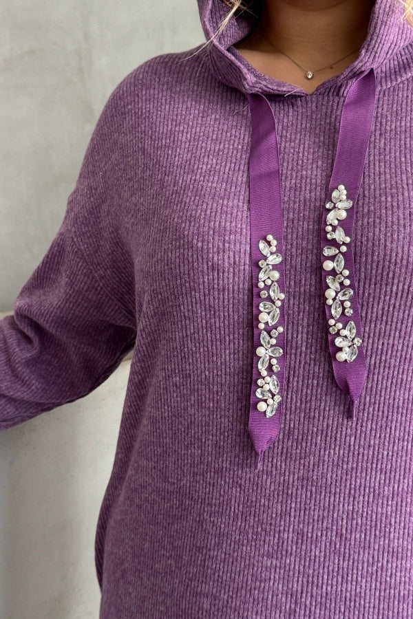 Büyük Beden Kapüşonlu Boncuk İşlemeli Cepli Sweatshirt Elbise 301802 Vervegrand