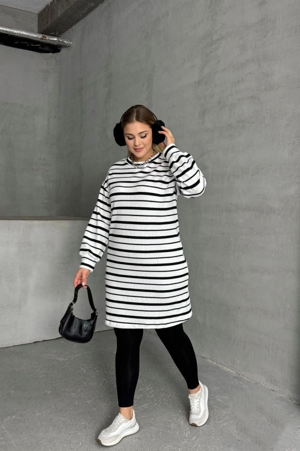 Büyük Beden Bisiklet Yaka Uzun Kollu Bileği Lastikli Çizgili Elbise 303062 Vervegrand