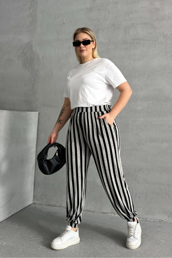 Büyük Beden Beli ve Paçası Lastikli Çizgili Cepli Pantolon 89-70 Vervegrand