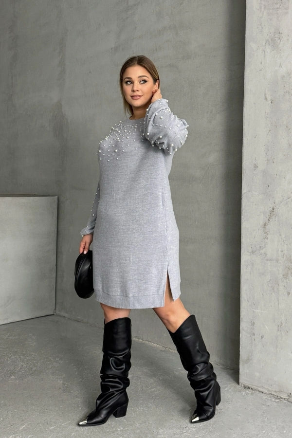 Büyük Beden Bisiklet Yaka Balon Kol Boncuk İşlemeli Triko Elbise 302668 Vervegrand