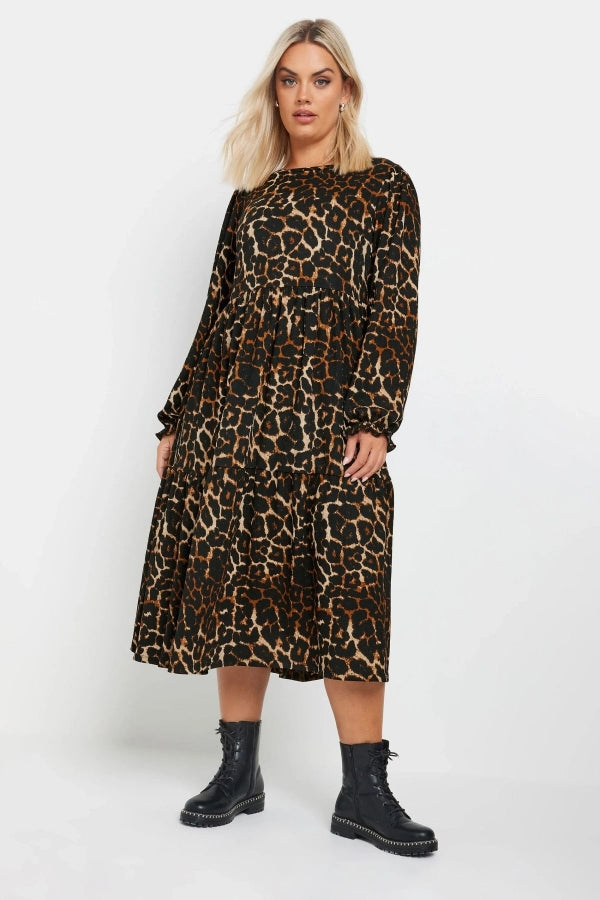 Büyük Beden Yumuşak Dokulu Leopar Desenli Balon Kol Elbise 270014 Vervegrand