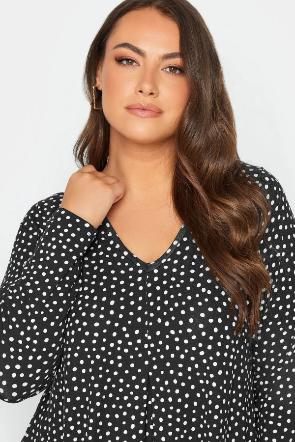 Büyük Beden V Yaka Puantiye Desenli Uzun Kollu Kısa Elbise 137621 Vervegrand