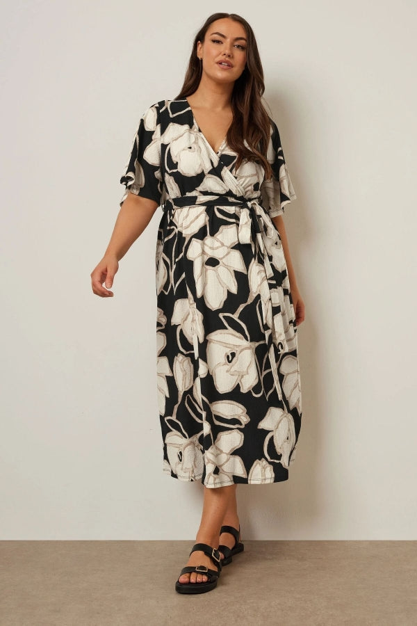 Büyük Beden V Yaka Kısa Kollu Önü Bağlamalı Anvelop Midi Elbise 304069 Vervegrand