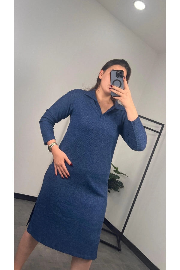 Büyük Beden Polo Yaka Yırtmaç Detaylı Midi Boy Triko Elbise 301514 Vervegrand