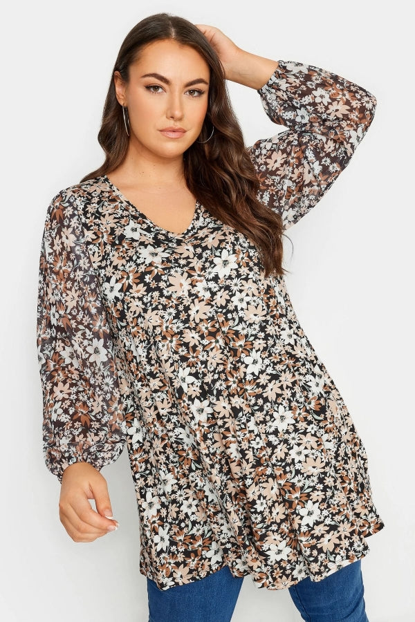 Büyük Beden Uzun Kolları Tül Detaylı Pileli V Yaka Bluz 302827 Vervegrand