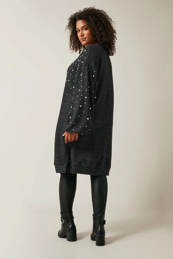 Büyük Beden Bisiklet Yaka Balon Kol Boncuk İşlemeli Triko Elbise 615670 Vervegrand