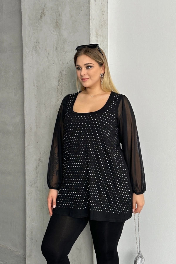 Büyük Beden Uzun Tül Kol Önü Taş İşlemeli Bisiklet Yaka Bluz 321831-U Vervegrand