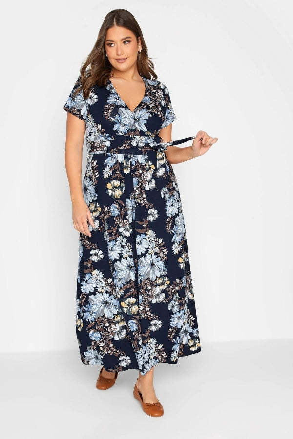 Büyük Beden V Yaka Kısa Kollu Kuşaklı Desenli Uzun Elbise 301784 Vervegrand