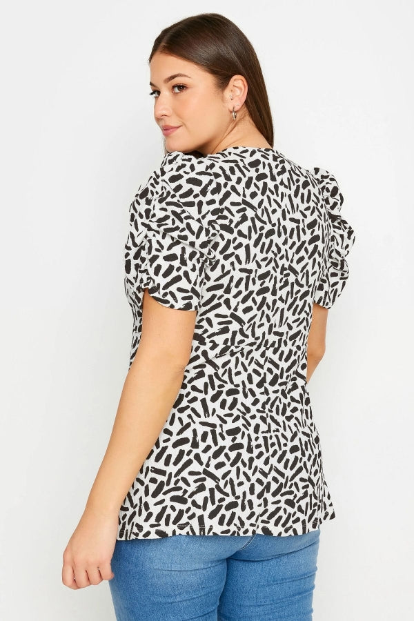 Büyük Beden V Yaka Kolları Drapeli Kısa Kollu Desenli Bluz 321725 Vervegrand