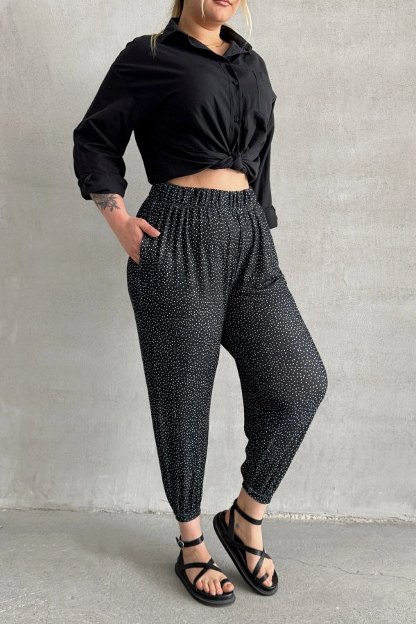 Büyük Beden Beli ve Paçası Lastikli Cepli Desenli Şalvar Pantolon 74-73 Vervegrand