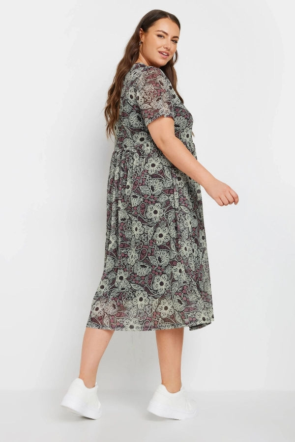 Büyük Beden Bisiklet Yaka İçi Astarlı Desenli Midi Boy Tül Elbise 137991 Vervegrand