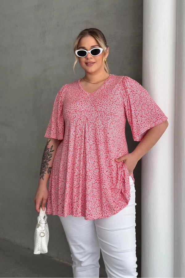 Büyük Beden V Yaka Kısa Kollu Eteği Bollaşan Desenli Bluz 98-5 Vervegrand