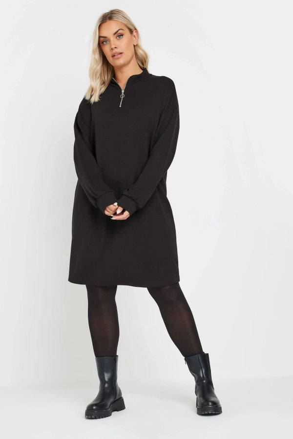 Büyük Beden Yumuşak Dokulu Uzun Kollu Yakası Fermuarlı Kısa Elbise 303760 Vervegrand