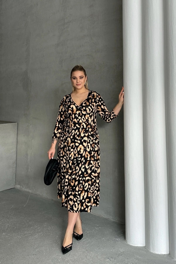 Büyük Beden Yarım Kollu V Yaka Kemer Detaylı Leopar Desenli Elbise 100-92 Vervegrand
