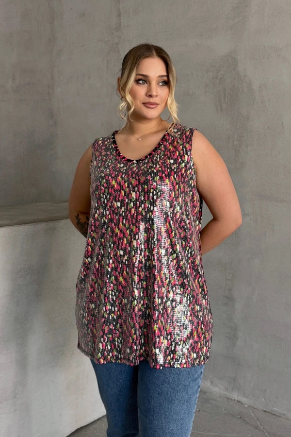 Büyük Beden V Yaka Desenli Payet İşlemeli Kolsuz Bluz 302386 Vervegrand