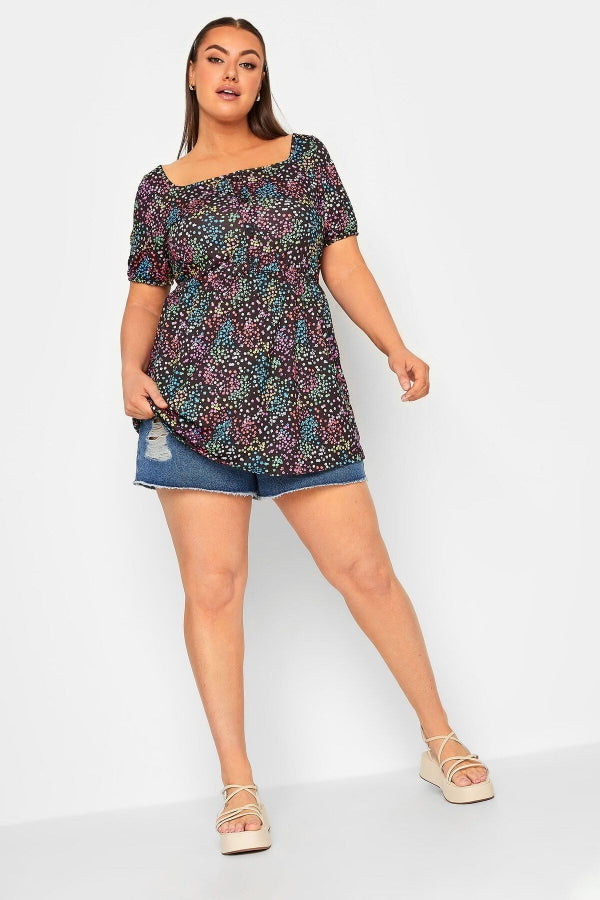 Büyük Beden Düğme Detaylı Kare Yaka Desenli Esnek Bluz 215848 Vervegrand