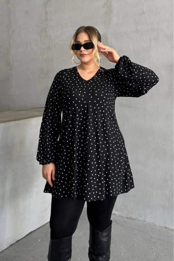 Büyük Beden Uzun Kollu Önü Pileli Bilekleri Lastikli Puantiyeli Bluz 322348 Vervegrand