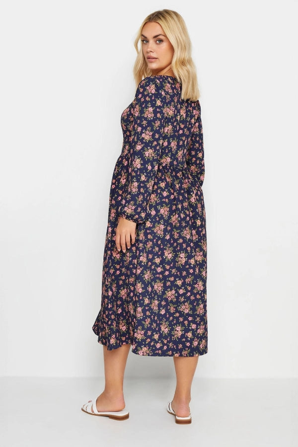 Büyük Beden Yakası Bağlama Detaylı Uzun Kollu Çiçek Desenli Elbise 137781 Vervegrand