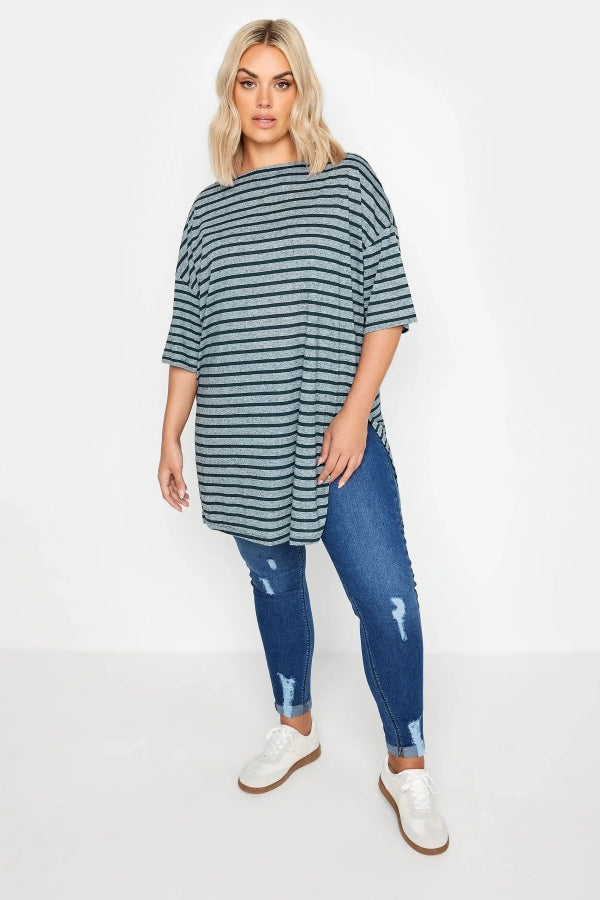 Büyük Beden Kayık Yaka Yarım Kollu Yırtmaç Detaylı Oversize T-shirt 303216 Vervegrand