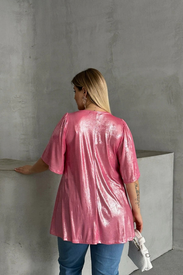 Büyük Beden V Yaka Kısa Kollu Parlak Görünümlü Bluz 303380 Vervegrand