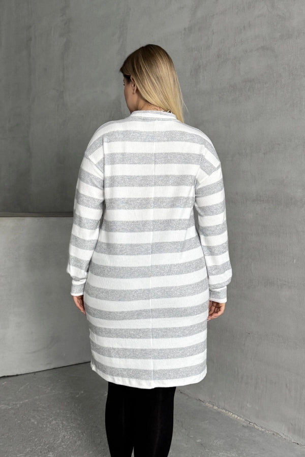 Büyük Beden Bisiklet Yaka Uzun Kollu Bileği Lastikli Çizgili Elbise 303063 Vervegrand